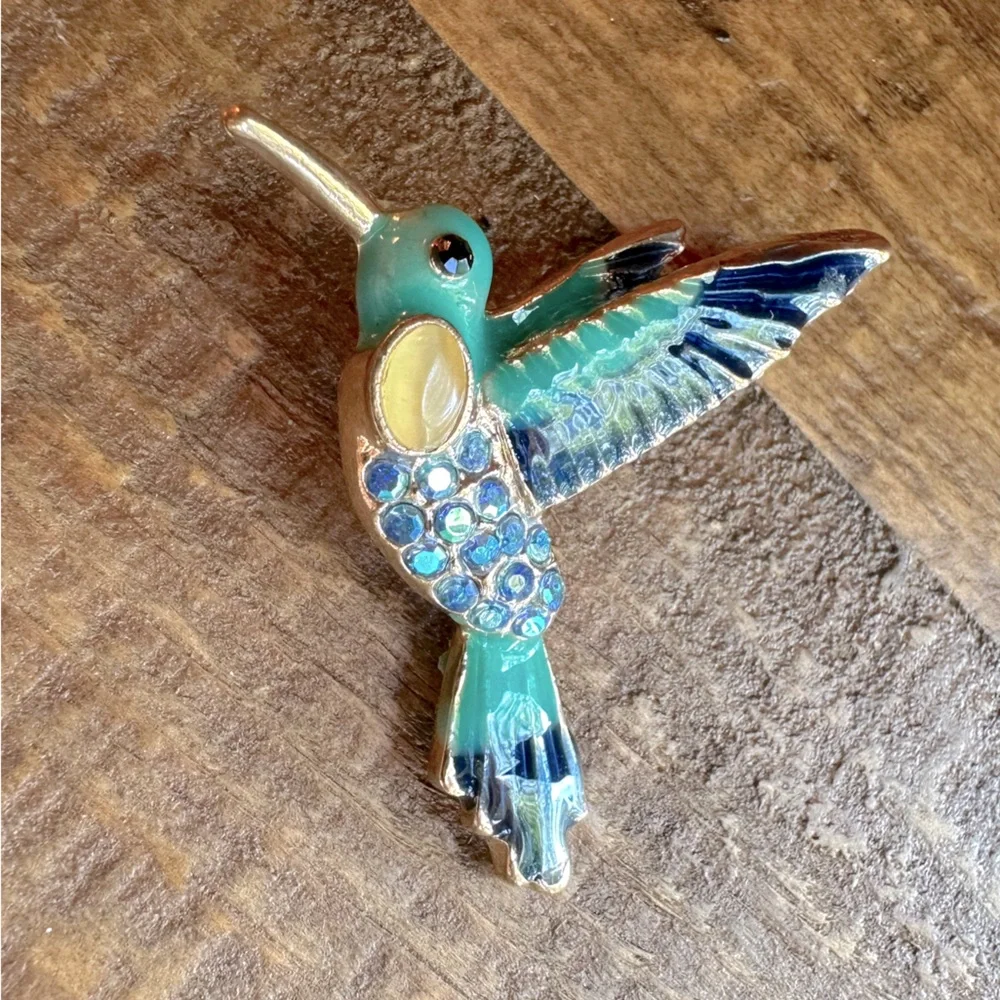 Turquoise, Blue & Yellow Hummingbird Brooch Pin Crystals Rhinestones & Enamel - Picture 9 of 12
